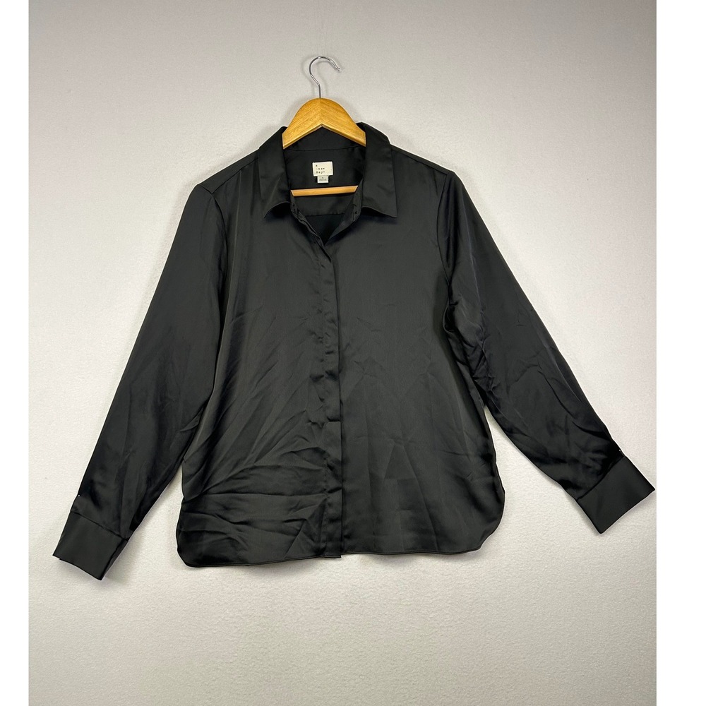 Dark Academia A New Day Womens Large Black Satin Long Sleeve Button Down Shirt